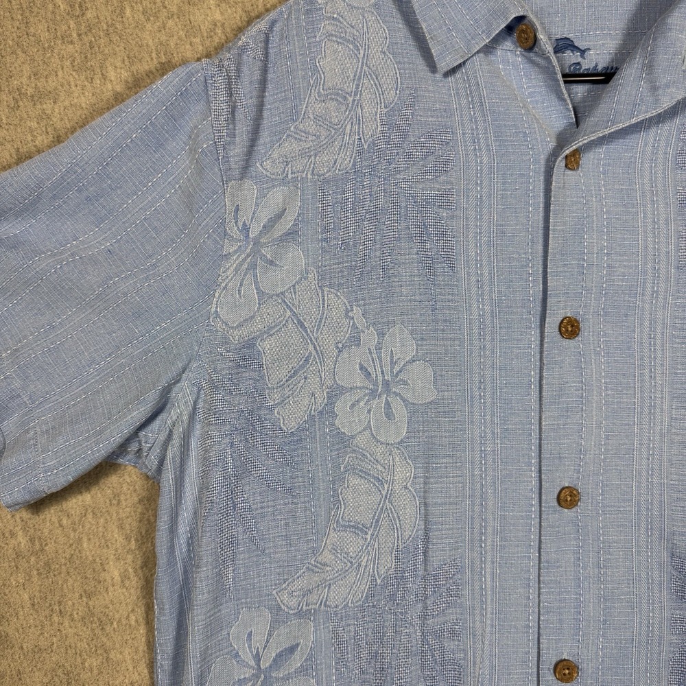TOMMY BAHAMA Men's Maui Border Silk Camp Shirt Buccaneer Blue Size Large - Picture 4 of 12